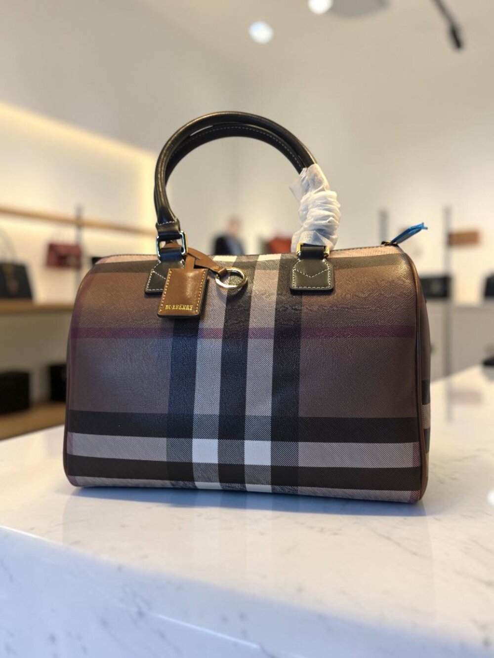 Boston-Style Satchel in Brown and Black Check NWOT - Picture 3 of 9